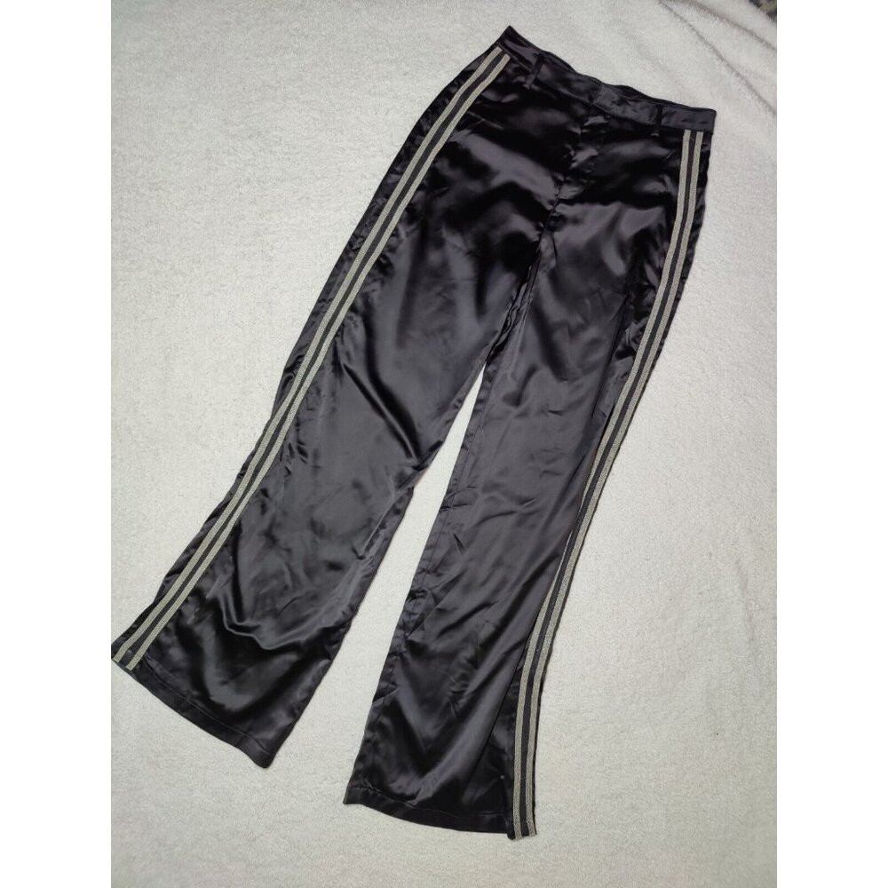 7 For All Mankind Black Satin Double Chain Wide Leg Track Pants 4‎ NWT 28x32